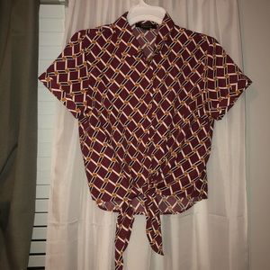 F21 Geometric Front-Tie Button Up Collared Shirt